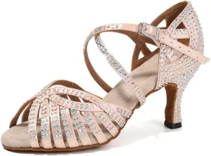 HIPPOSEUS Women's Professional Latin Dance Shoes Rhinestones Ballroom Salsa Bachata Practice Performance Dance Heels Suede Sole