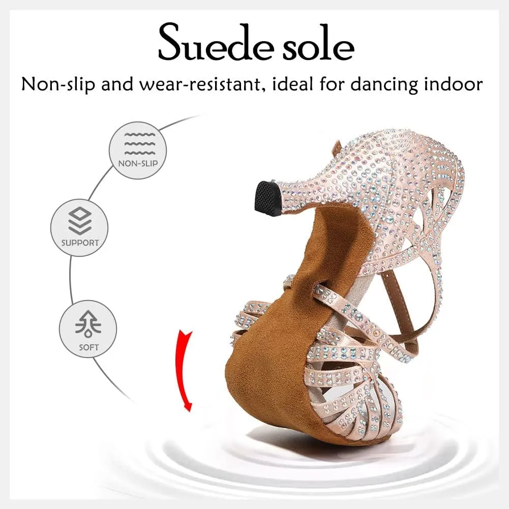 HIPPOSEUS Women's Professional Latin Dance Shoes Rhinestones Ballroom Salsa Bachata Practice Performance Dance Heels Suede Sole