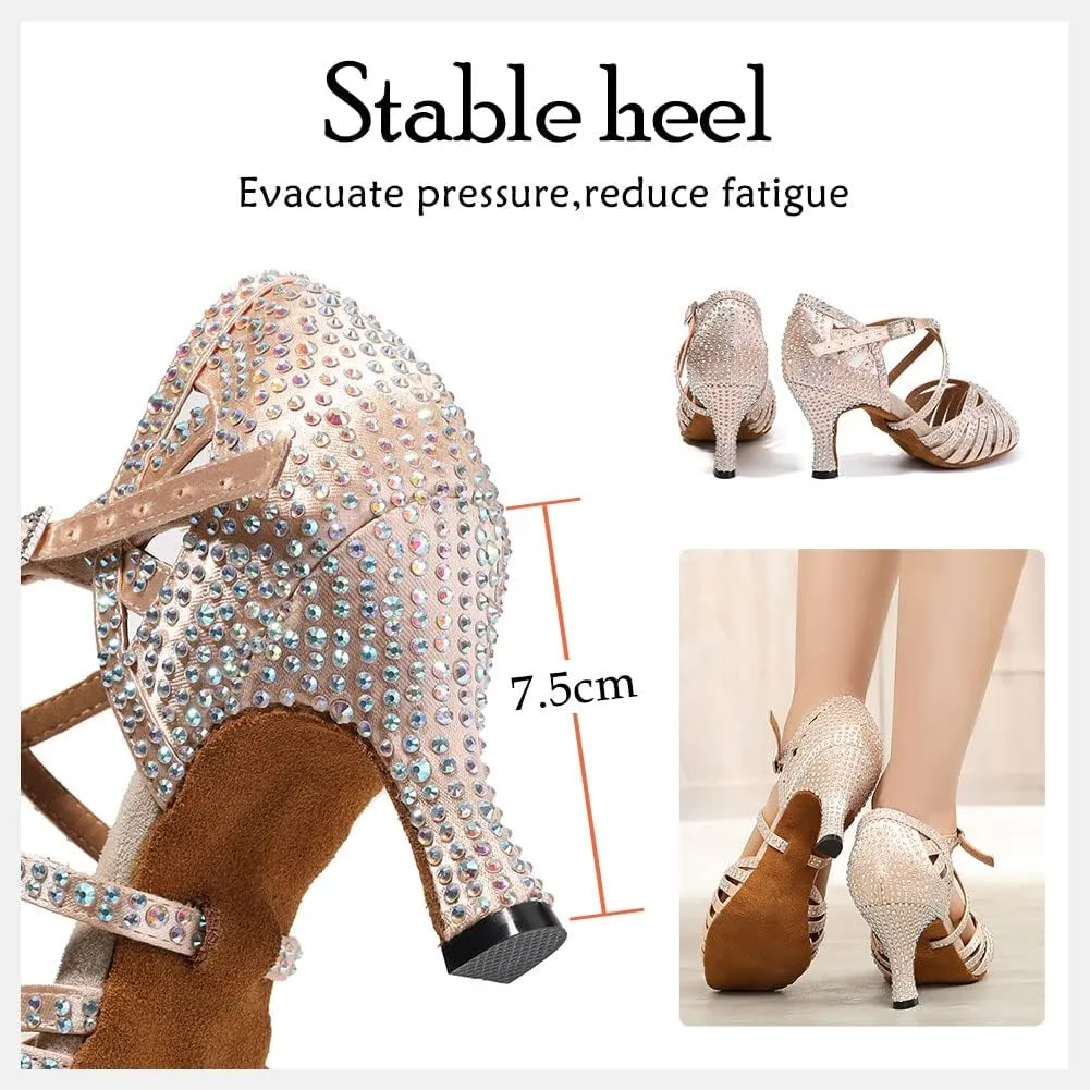 HIPPOSEUS Women's Professional Latin Dance Shoes Rhinestones Ballroom Salsa Bachata Practice Performance Dance Heels Suede Sole