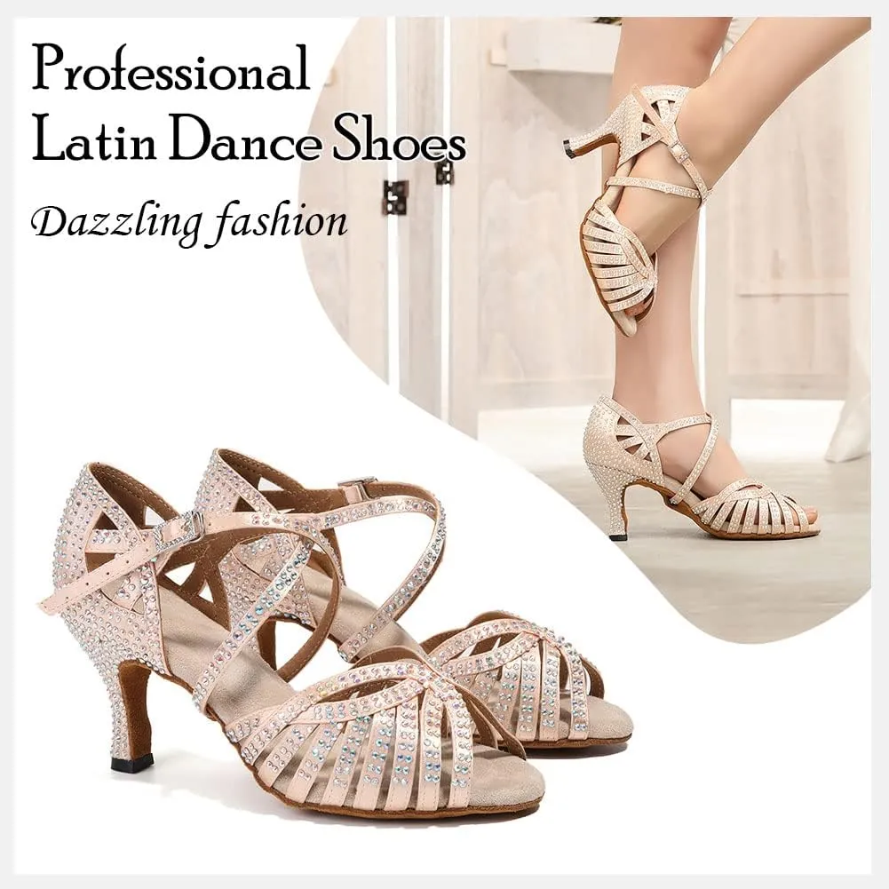 HIPPOSEUS Women's Professional Latin Dance Shoes Rhinestones Ballroom Salsa Bachata Practice Performance Dance Heels Suede Sole