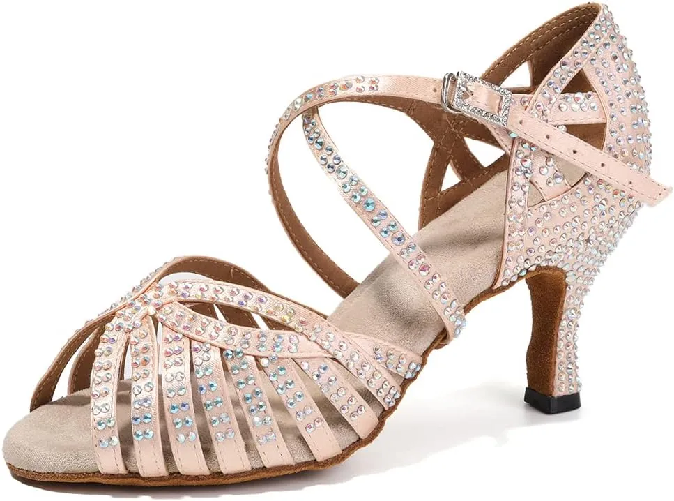 HIPPOSEUS Women's Professional Latin Dance Shoes Rhinestones Ballroom Salsa Bachata Practice Performance Dance Heels Suede Sole