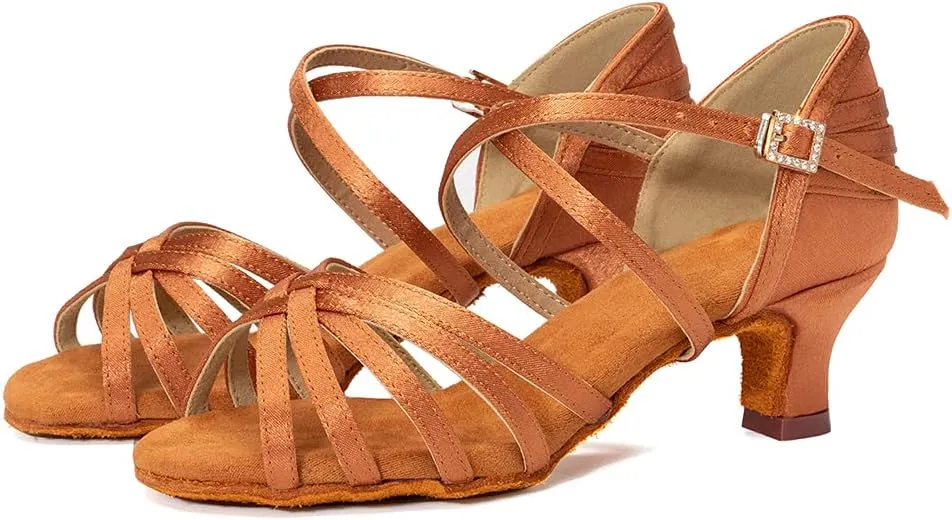 HROYL Women's Satin Latin Salsa Dance Shoes Ballroom Performence Practice Professional Dance Heels Model 2324