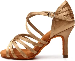 HROYL Women's Satin Latin Salsa Dance Shoes Ballroom Performence Practice Professional Dance Heels Model 2324