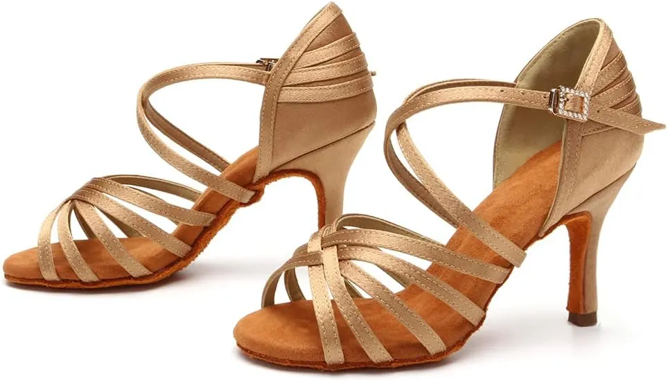 HROYL Women's Satin Latin Salsa Dance Shoes Ballroom Performence Practice Professional Dance Heels Model 2324