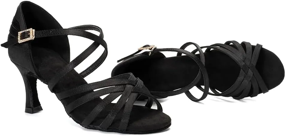 HROYL Women's Satin Latin Salsa Dance Shoes Ballroom Performence Practice Professional Dance Heels Model 2324