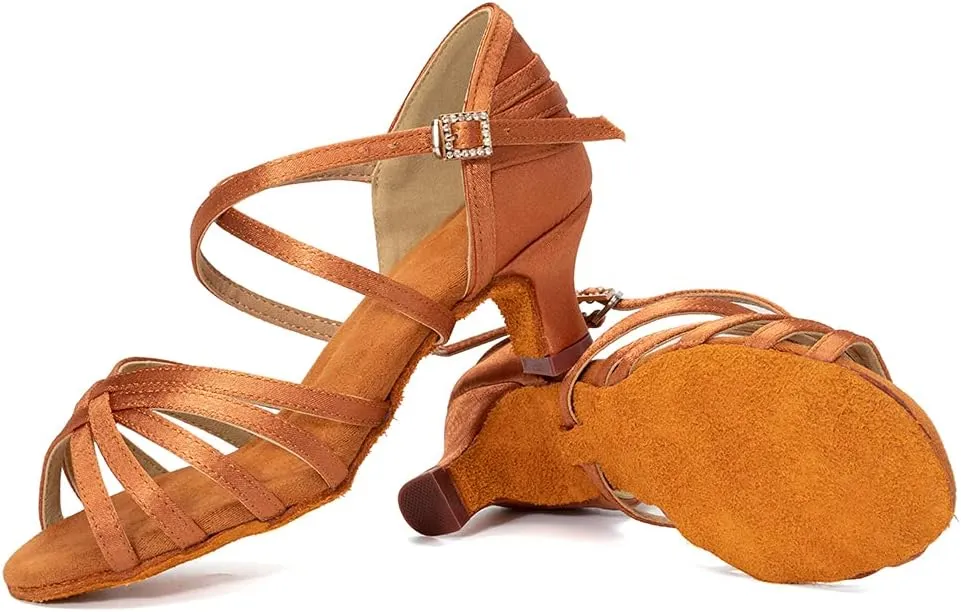 HROYL Women's Satin Latin Salsa Dance Shoes Ballroom Performence Practice Professional Dance Heels Model 2324