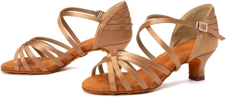 HROYL Women's Satin Latin Salsa Dance Shoes Ballroom Performence Practice Professional Dance Heels Model 2324