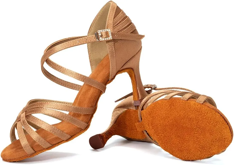 HROYL Women's Satin Latin Salsa Dance Shoes Ballroom Performence Practice Professional Dance Heels Model 2324