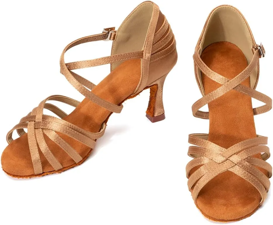 HROYL Women's Satin Latin Salsa Dance Shoes Ballroom Performence Practice Professional Dance Heels Model 2324