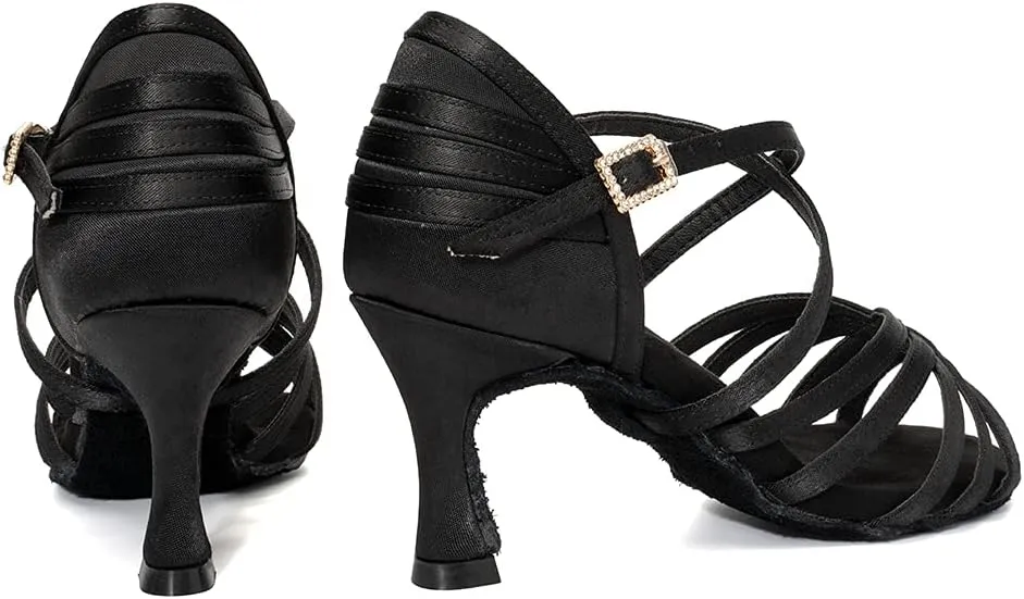 HROYL Women's Satin Latin Salsa Dance Shoes Ballroom Performence Practice Professional Dance Heels Model 2324