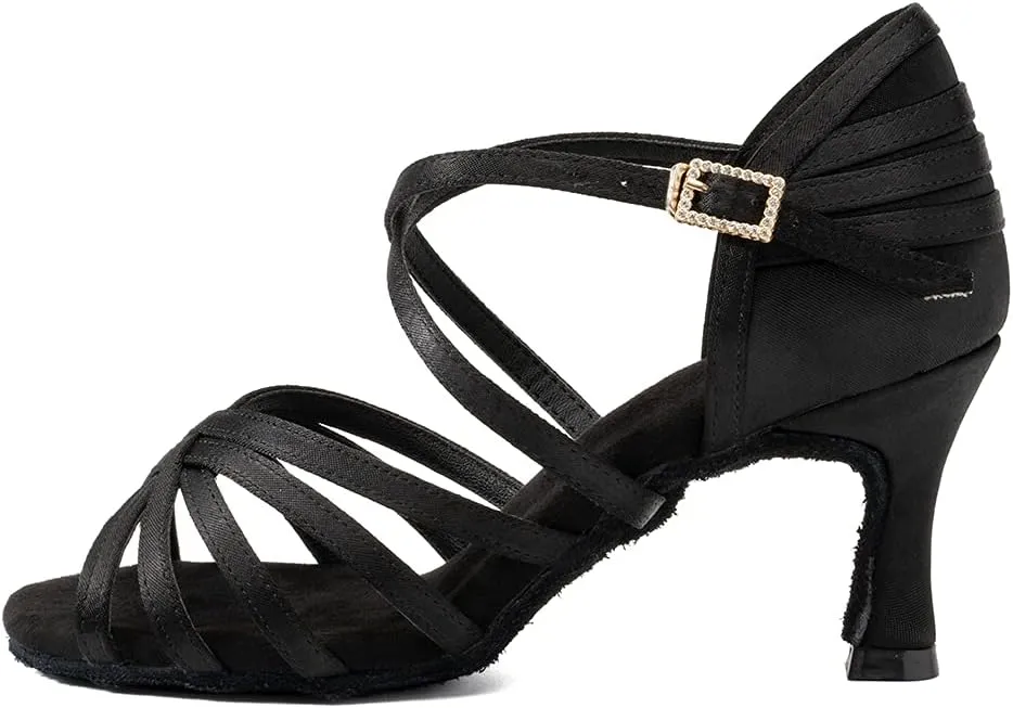 HROYL Women's Satin Latin Salsa Dance Shoes Ballroom Performence Practice Professional Dance Heels Model 2324