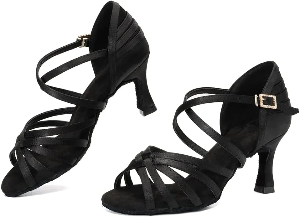 HROYL Women's Satin Latin Salsa Dance Shoes Ballroom Performence Practice Professional Dance Heels Model 2324