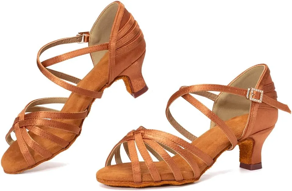 HROYL Women's Satin Latin Salsa Dance Shoes Ballroom Performence Practice Professional Dance Heels Model 2324