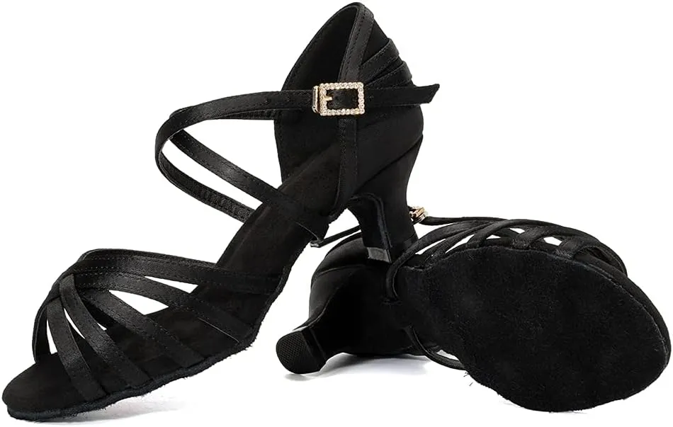 HROYL Women's Satin Latin Salsa Dance Shoes Ballroom Performence Practice Professional Dance Heels Model 2324