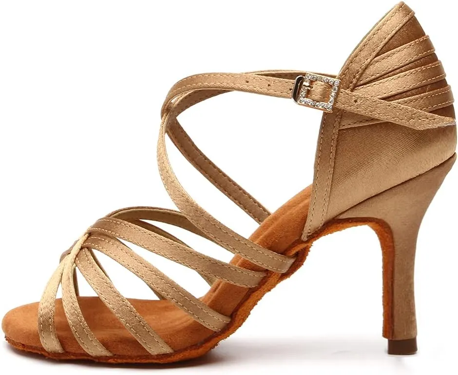 HROYL Women's Satin Latin Salsa Dance Shoes Ballroom Performence Practice Professional Dance Heels Model 2324