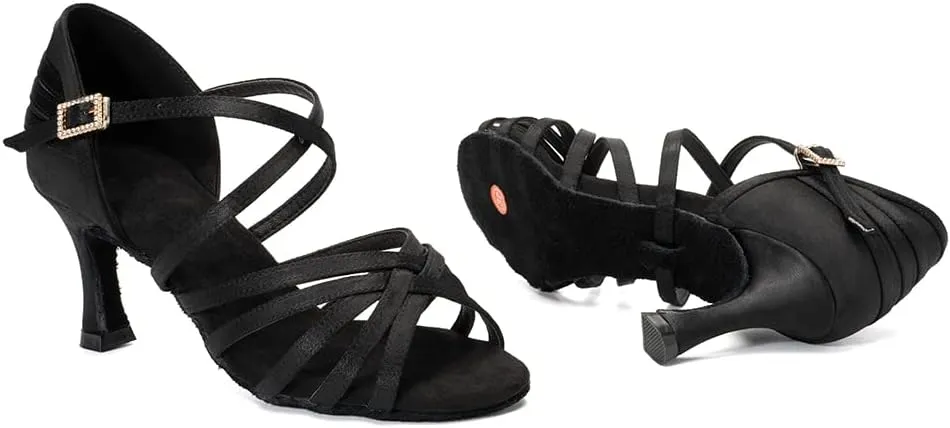 HROYL Women's Satin Latin Salsa Dance Shoes Ballroom Performence Practice Professional Dance Heels Model 2324