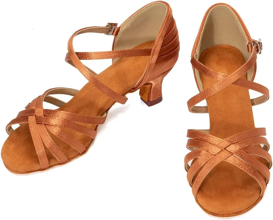 HROYL Women's Satin Latin Salsa Dance Shoes Ballroom Performence Practice Professional Dance Heels Model 2324