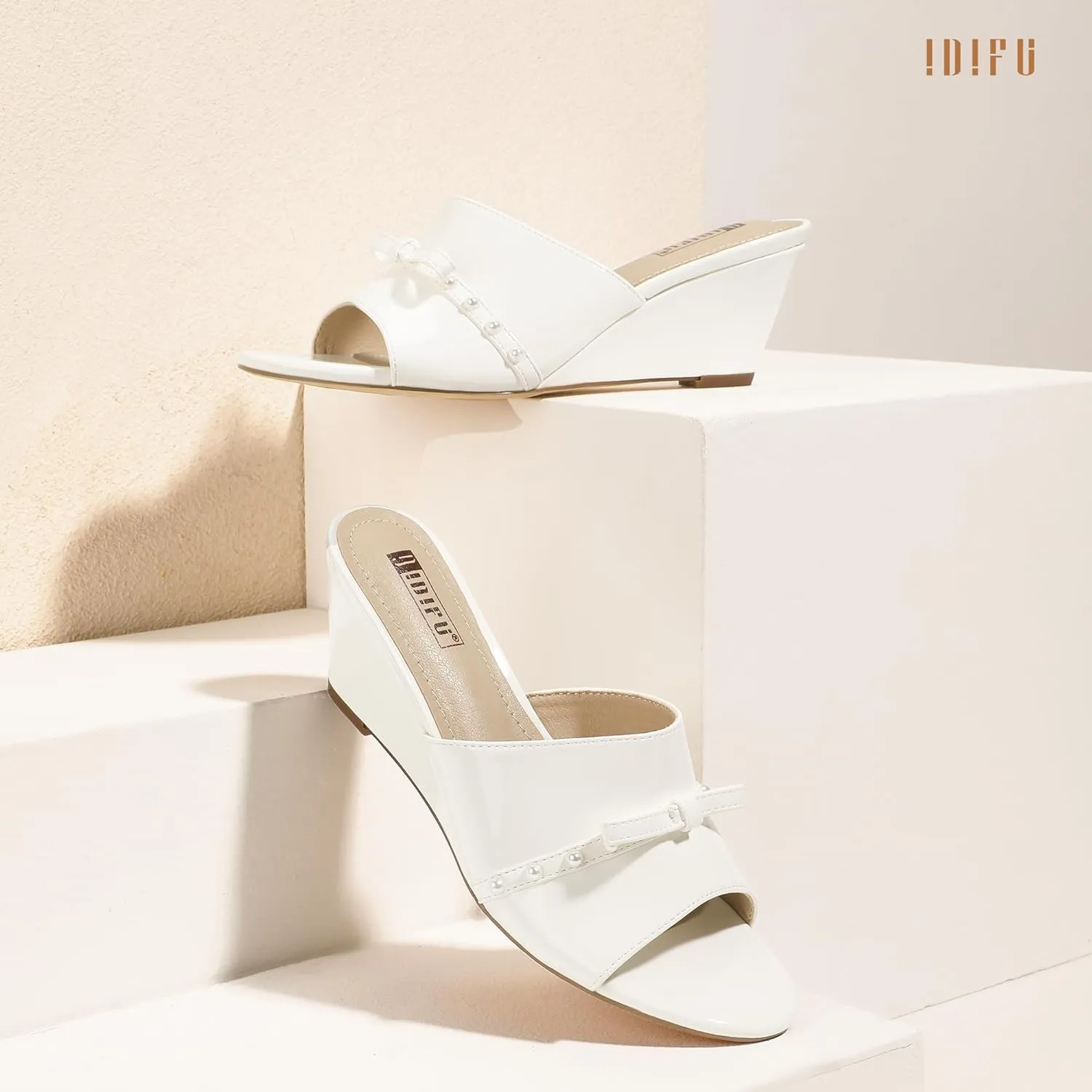 IDIFU Women's Wedge Sandals Bow Pearl Low Heels Open Toe Slip On Slide Dress Sandals for Women Ladies Bride Comfortable Dressy Cute Trendy Summer Work Wedding Wedges Heels Sandals