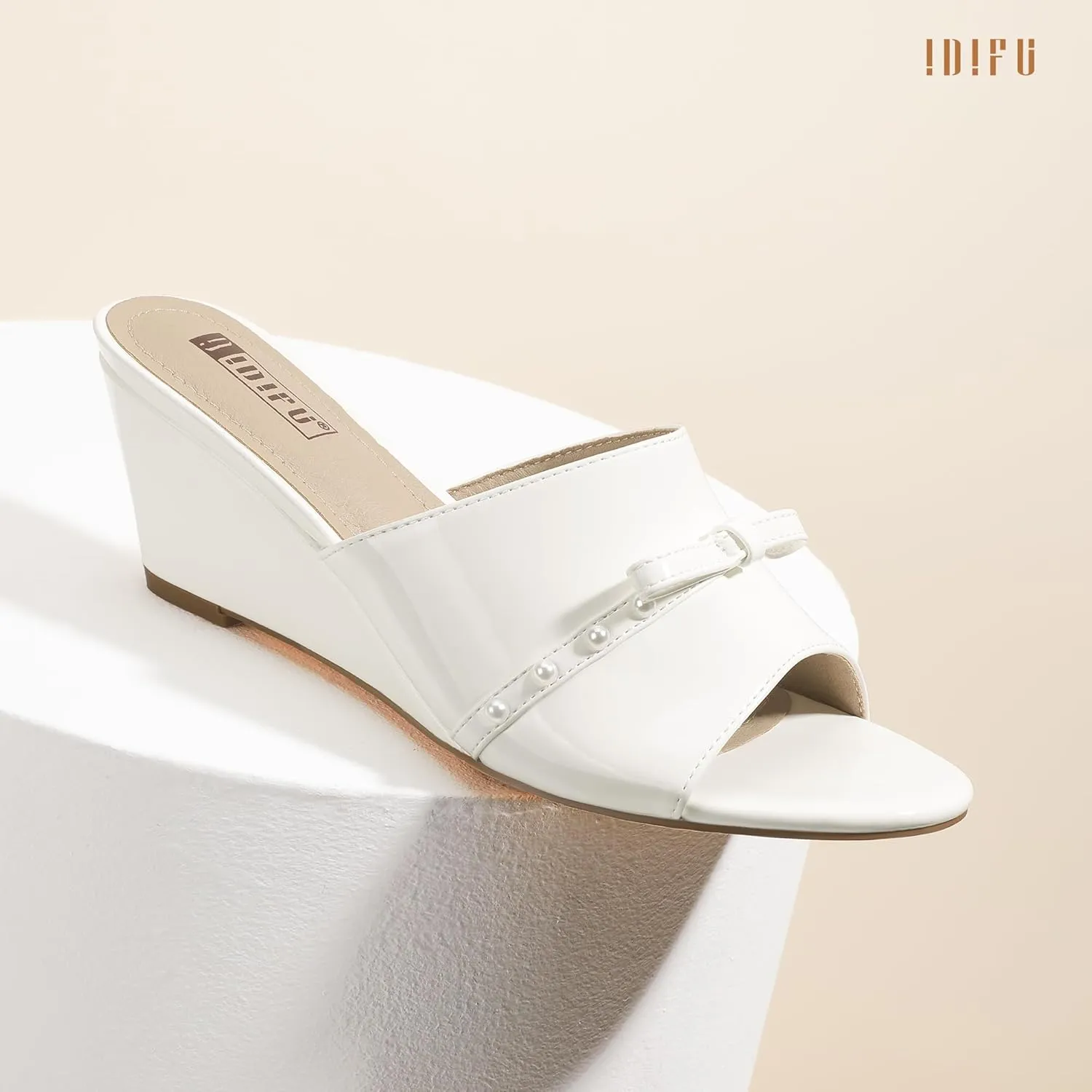 IDIFU Women's Wedge Sandals Bow Pearl Low Heels Open Toe Slip On Slide Dress Sandals for Women Ladies Bride Comfortable Dressy Cute Trendy Summer Work Wedding Wedges Heels Sandals