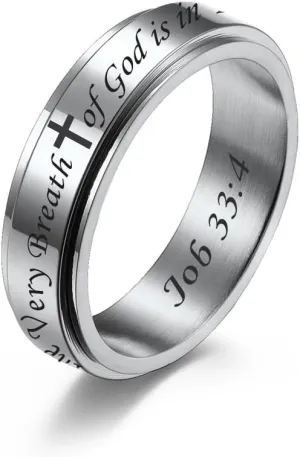 Inspirational Rings Silver Stainless Steel Cross Rings End to End Bible Content Christian Spinner Wedding Band Comfortable Fit Religious Gifts for Men Women, Size 5 to 12