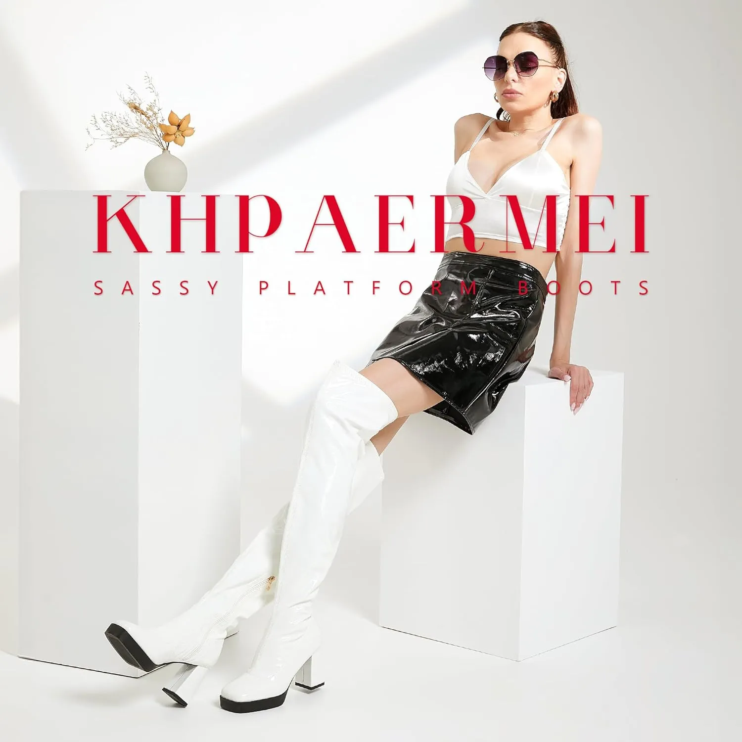KHPAERMEI Platform Thigh High Boots Women GoGo Boots Square Toe Chunky Heels Patent Leather PU Over The Knee High Stretch Boots