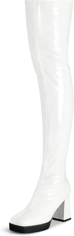 KHPAERMEI Platform Thigh High Boots Women GoGo Boots Square Toe Chunky Heels Patent Leather PU Over The Knee High Stretch Boots