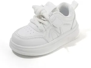 Kids White Platform Sneakers, Lace-up Athletic Shoes, Casual Sport Running Shoes