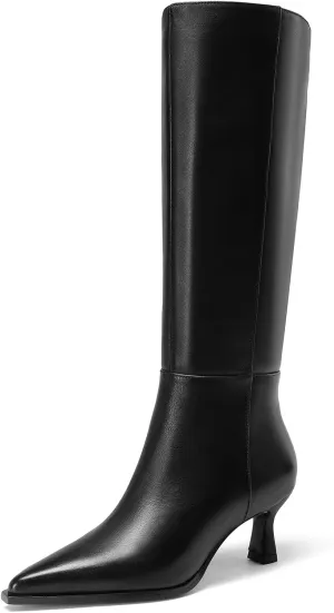 Knee High Boots Women 2.5 In Stiletto Boots for Women High Heel Faux Leather Pointed Toe Side Zipper Dress Kitten Heel