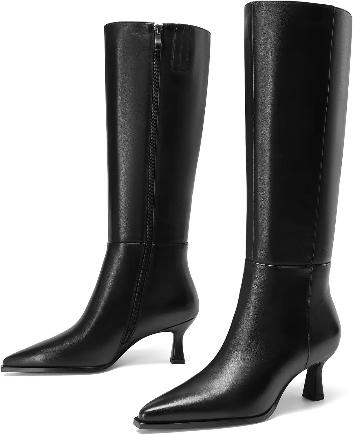 Knee High Boots Women 2.5 In Stiletto Boots for Women High Heel Faux Leather Pointed Toe Side Zipper Dress Kitten Heel