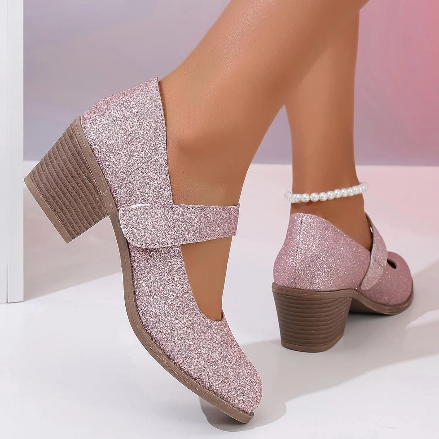 Ladies Casual Solid Color Beaded Glitter Sequins Chunky Heel Large Size Casual Shoes High Heeled Single Shoes Ladies Dress Shoes Low Heel