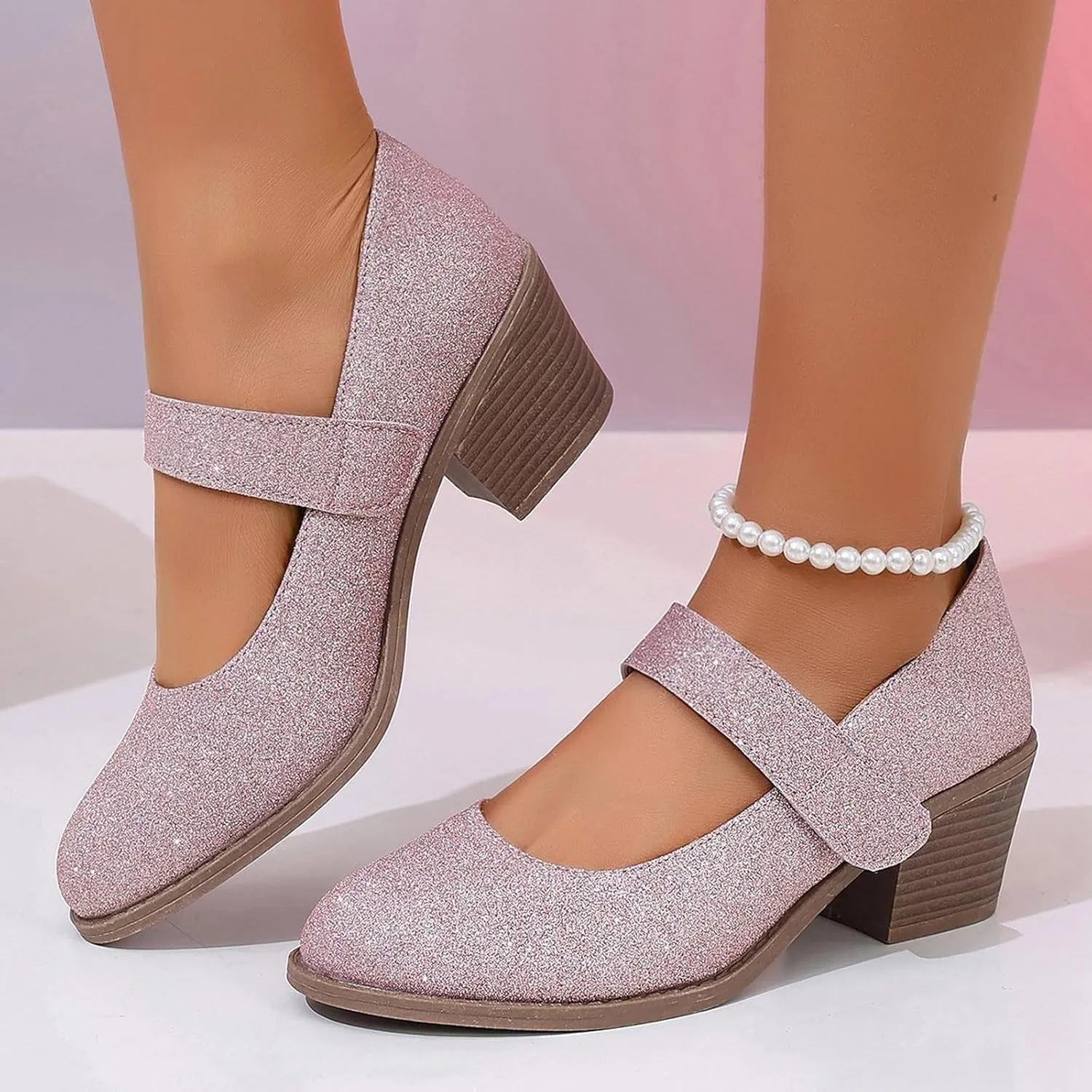 Ladies Casual Solid Color Beaded Glitter Sequins Chunky Heel Large Size Casual Shoes High Heeled Single Shoes Ladies Dress Shoes Low Heel