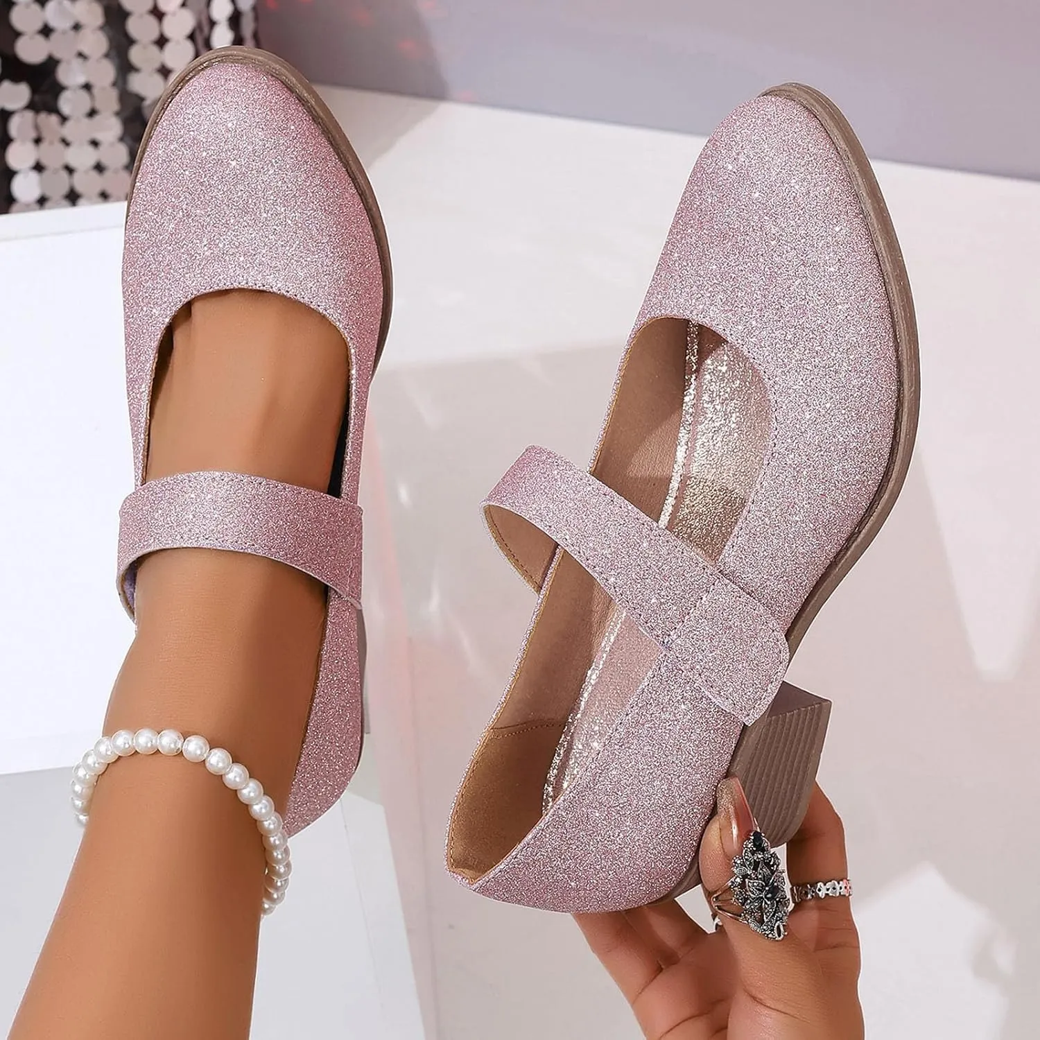 Ladies Casual Solid Color Beaded Glitter Sequins Chunky Heel Large Size Casual Shoes High Heeled Single Shoes Ladies Dress Shoes Low Heel