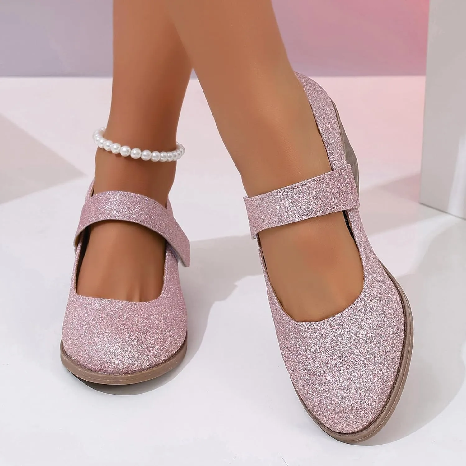 Ladies Casual Solid Color Beaded Glitter Sequins Chunky Heel Large Size Casual Shoes High Heeled Single Shoes Ladies Dress Shoes Low Heel