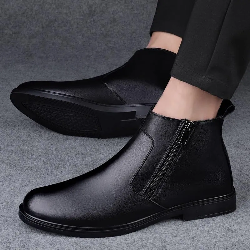 Mens Ankle Boots Wearable Waterproof Anti-slip Round Toe Slip On Double Side Zip PU Leather Dress Stylish Work