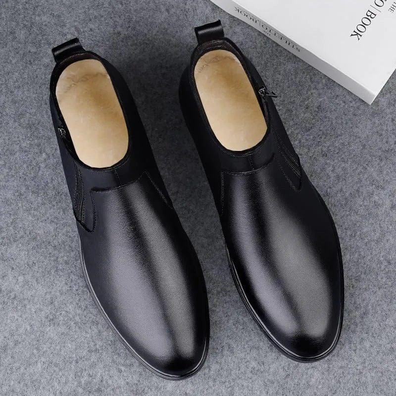 Mens Ankle Boots Wearable Waterproof Anti-slip Round Toe Slip On Double Side Zip PU Leather Dress Stylish Work