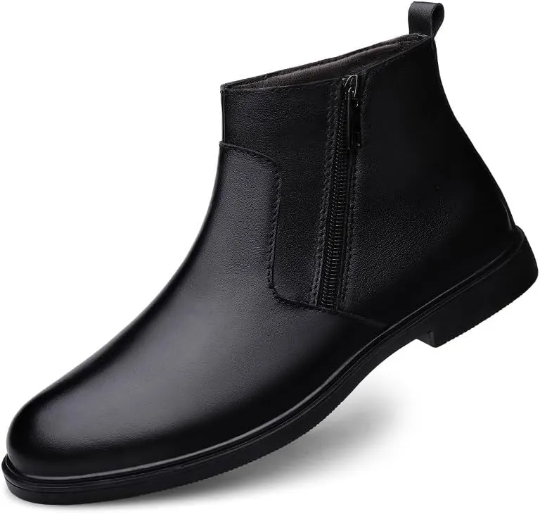 Mens Ankle Boots Wearable Waterproof Anti-slip Round Toe Slip On Double Side Zip PU Leather Dress Stylish Work