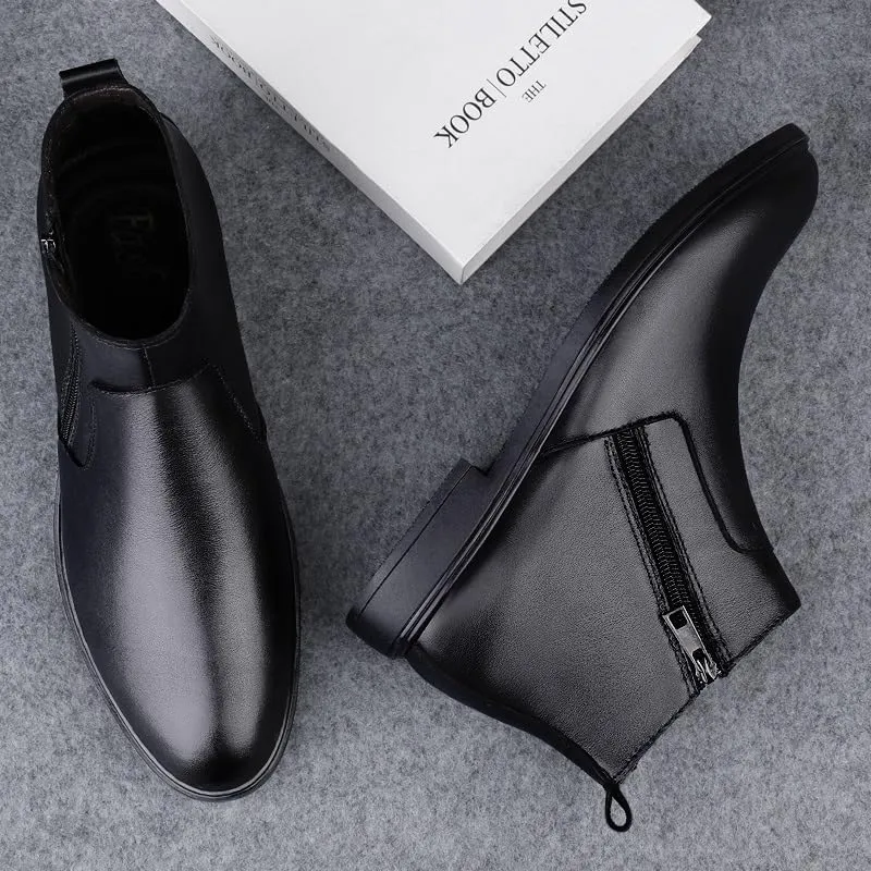 Mens Ankle Boots Wearable Waterproof Anti-slip Round Toe Slip On Double Side Zip PU Leather Dress Stylish Work