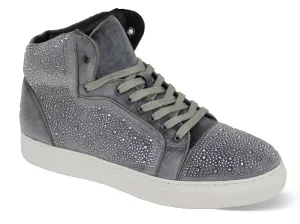 Mens Metallic Sparkly Rhinestone High-Top Silver Gray Velvet Sneakers AM FLASH