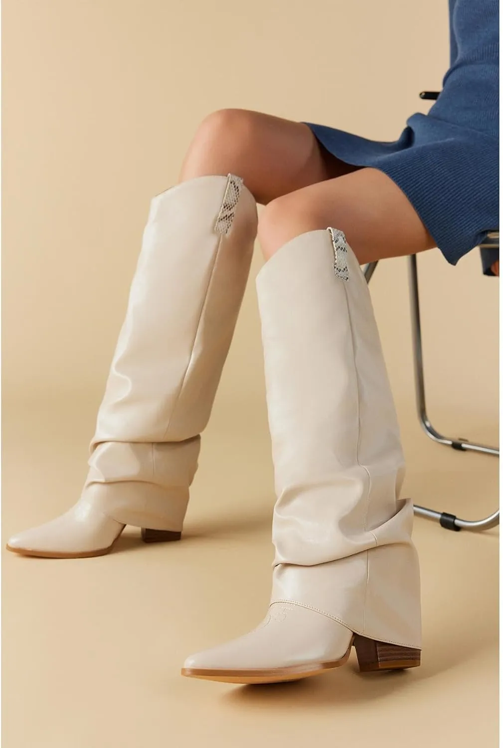 Putu Fold Over Boots for Women Knee High Cowboy Boots Chunky High Heel Tall Boots