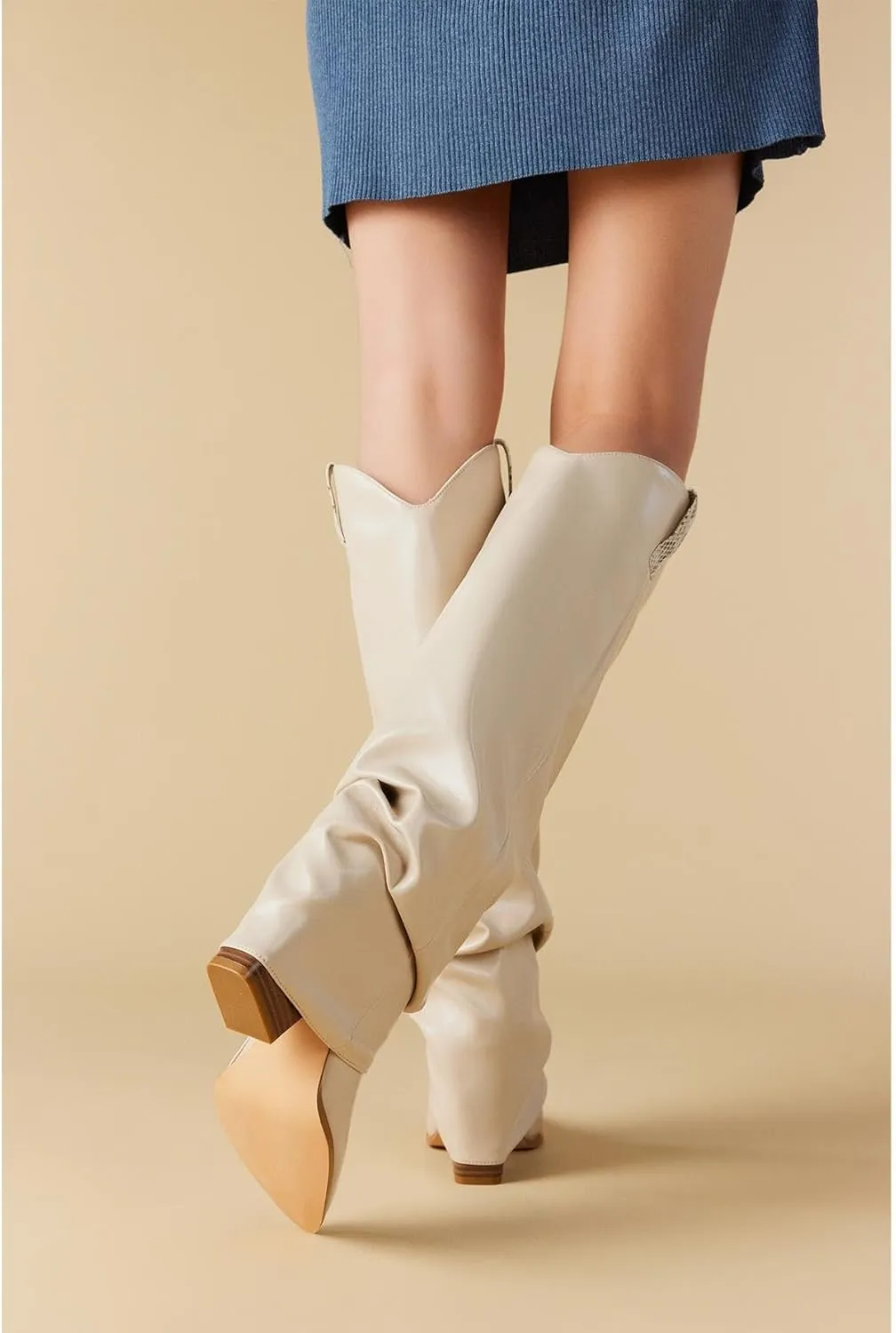 Putu Fold Over Boots for Women Knee High Cowboy Boots Chunky High Heel Tall Boots