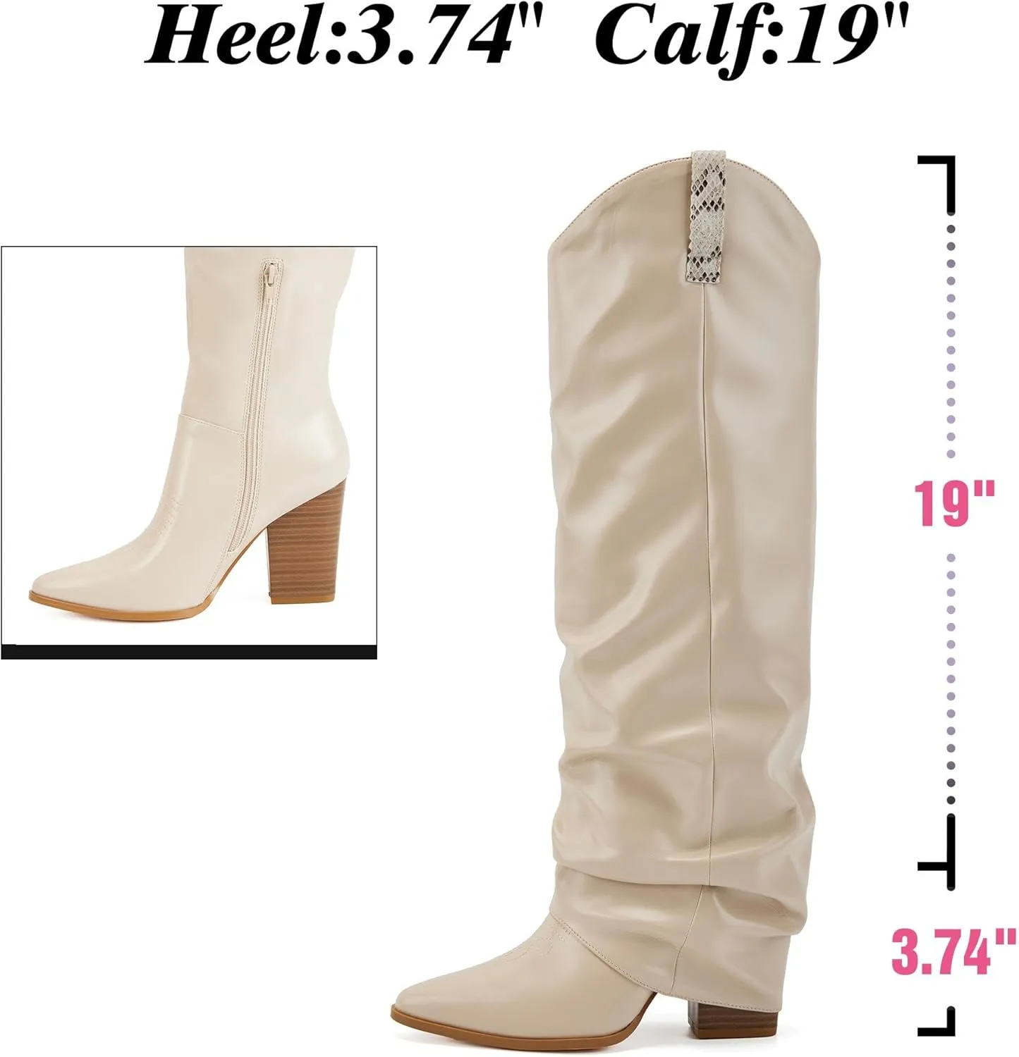 Putu Fold Over Boots for Women Knee High Cowboy Boots Chunky High Heel Tall Boots