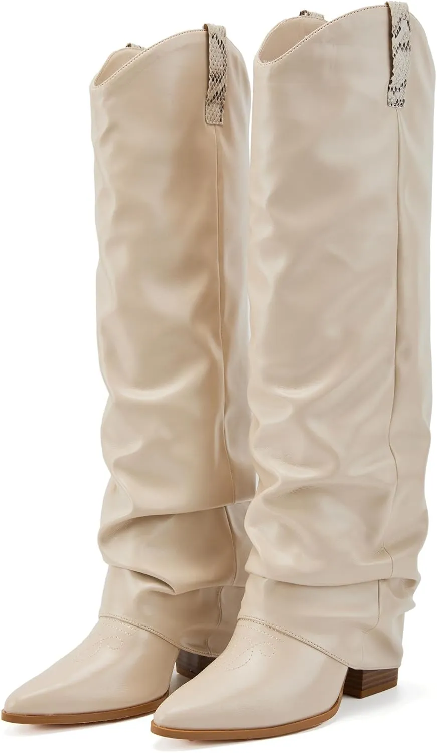 Putu Fold Over Boots for Women Knee High Cowboy Boots Chunky High Heel Tall Boots