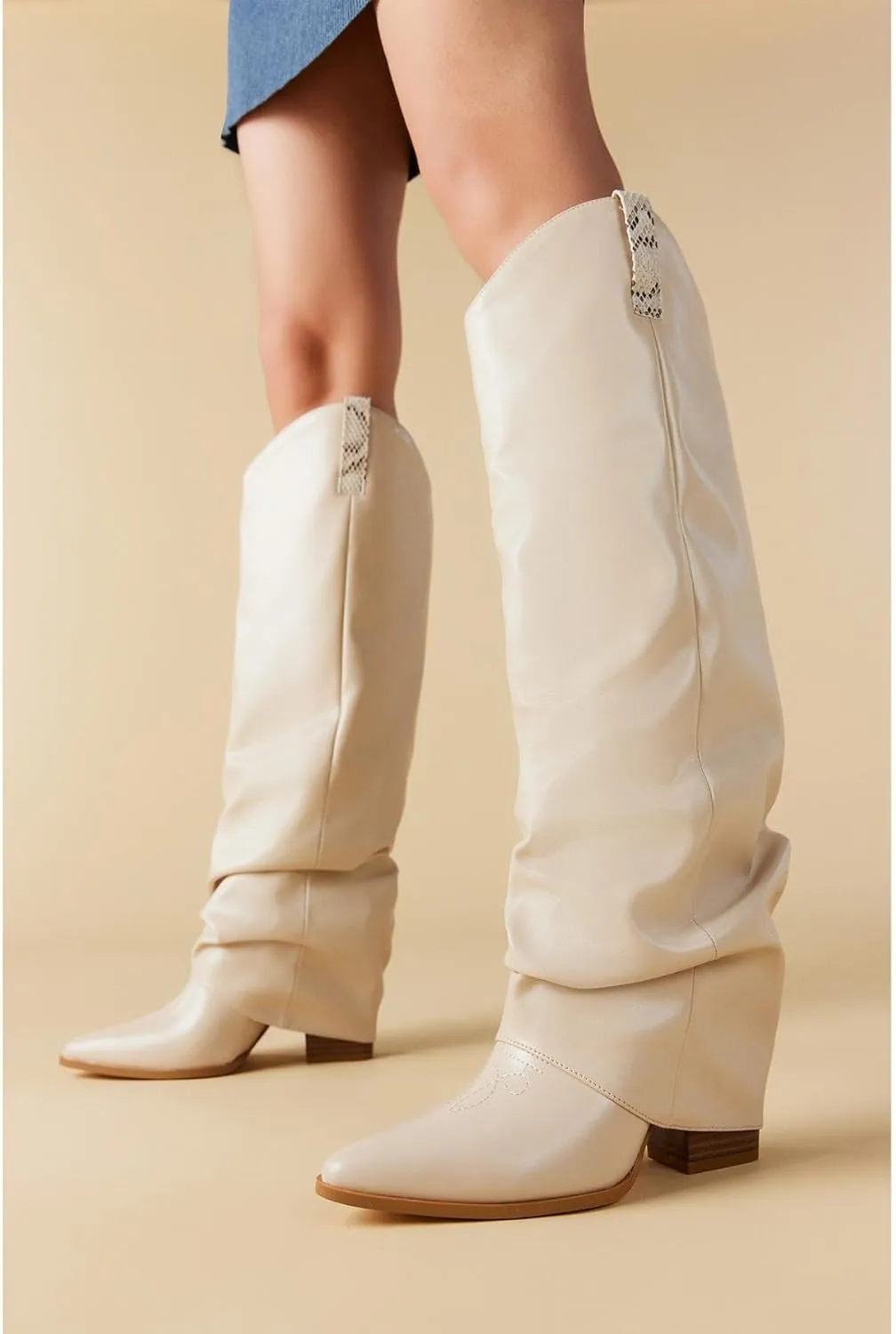 Putu Fold Over Boots for Women Knee High Cowboy Boots Chunky High Heel Tall Boots