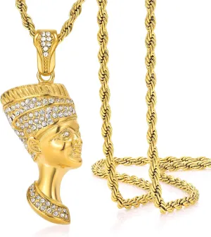ROWIN&CO Gold Iced Out Diamonds Nefertiti Necklace for Women Men Ancient Egyptian Queen Amulet Pendant Jewelry Gifts Chain for Mother's Her ROWIN&CO Gold Iced Out Diamonds Nefertiti Necklace for Women Men Ancient Egyptian Queen Amulet Pendant Jewelry Gifts Chain for Mother's Her