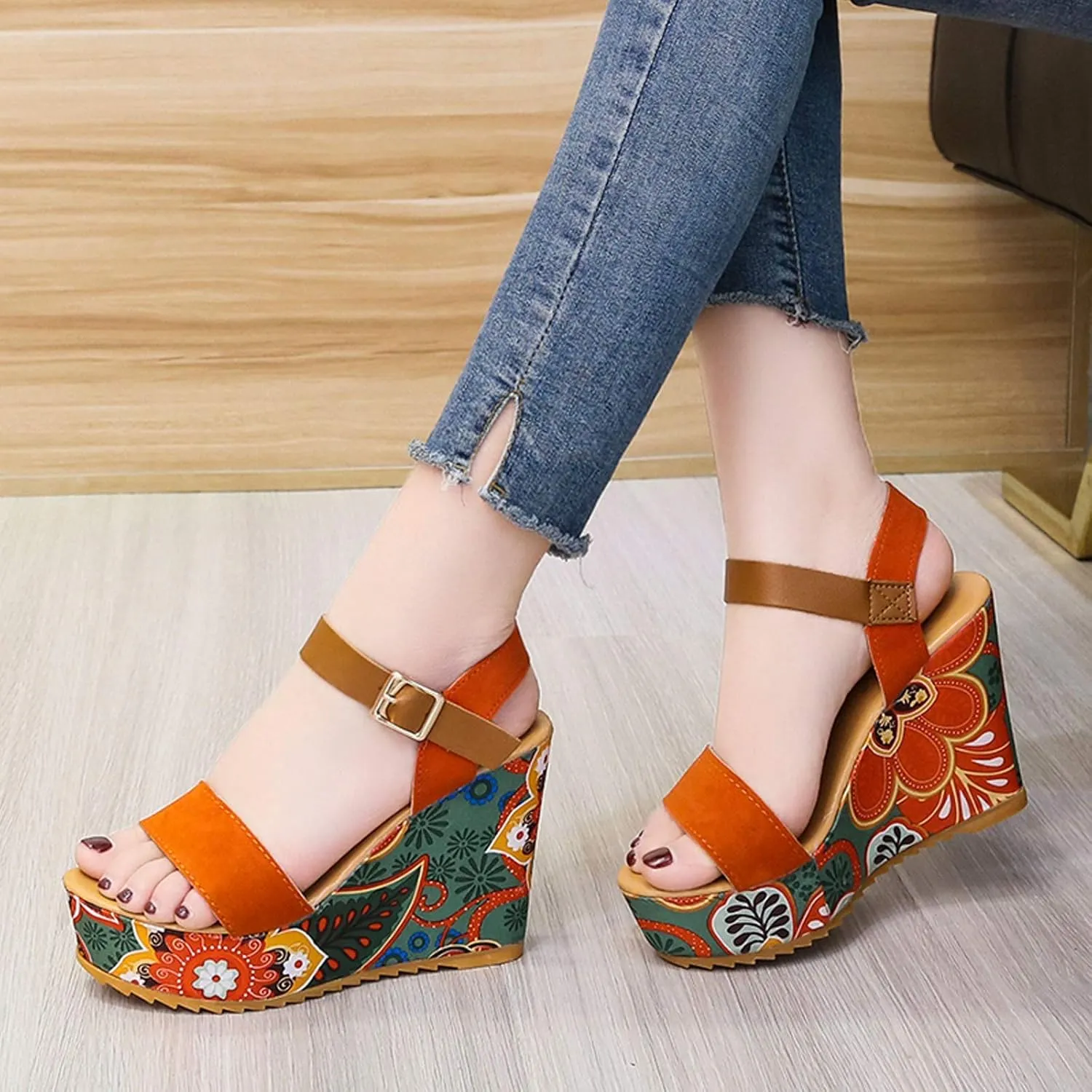 Sandals Wedges Open Summer Women Toe Strap Breathable Shoes Flower Women's Wedges Slip Shoes Sandals