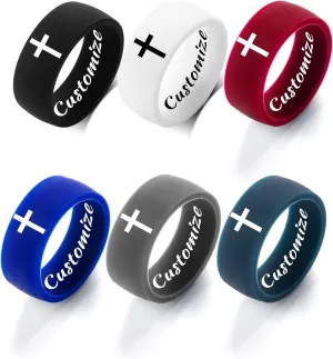 SHNIAN 6PCS Cross Ring - Comfort Sport Security Silicone Ring Custom Engraved Set, Flat Micro Arc Ring Christian Blessed Inspirational Jewelry Gift - Religious Wedding Band Ring, Size 7-14