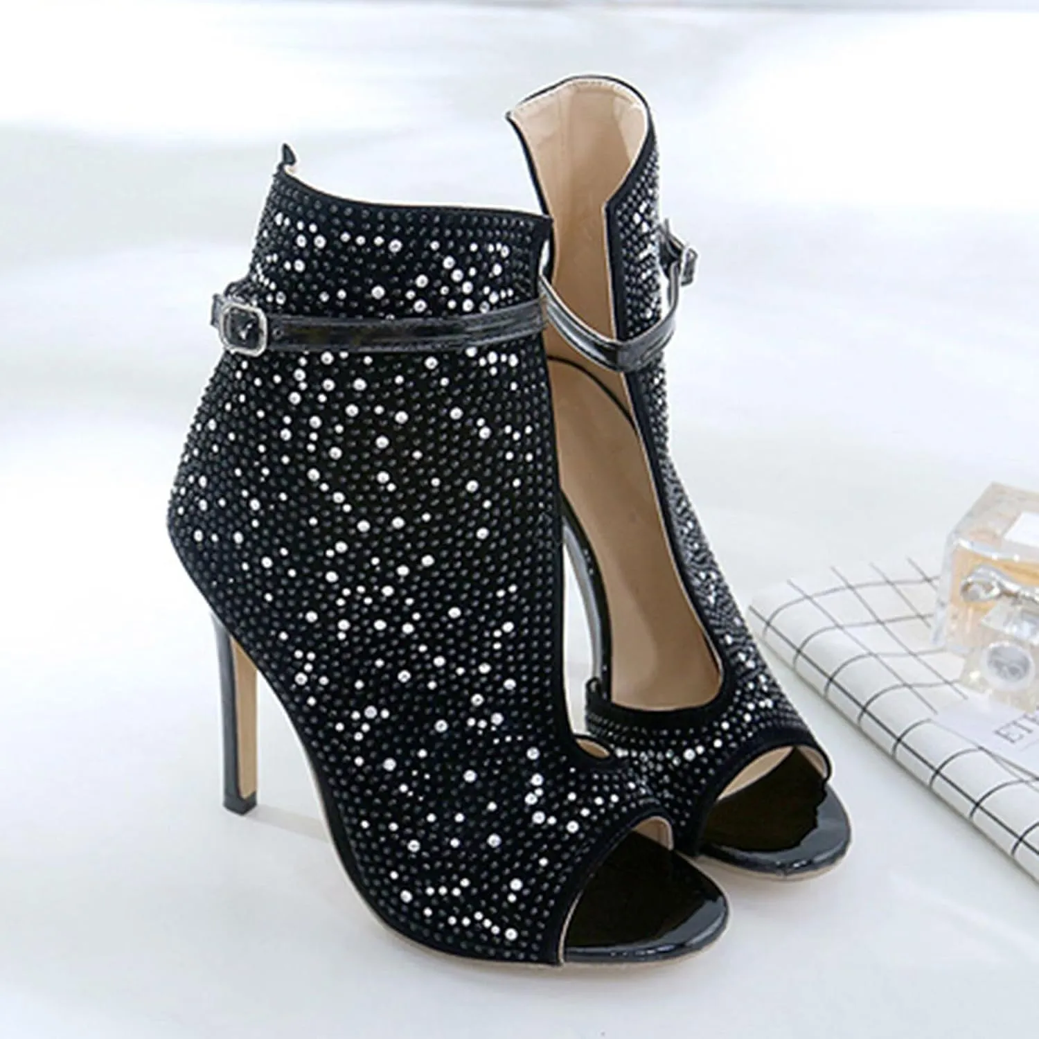 Slip on Elegant Pumps Fashionable Rhinestone Fish Mouth Hollow Stiletto Women's Belt High Heel Sandals Shoes