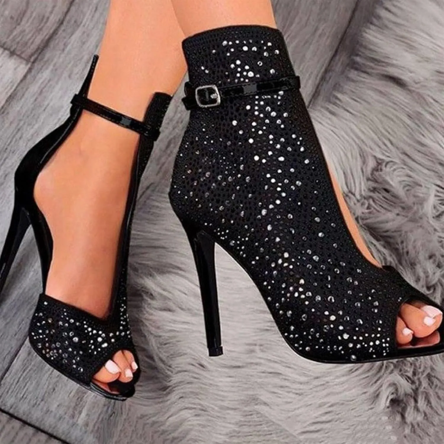 Slip on Elegant Pumps Fashionable Rhinestone Fish Mouth Hollow Stiletto Women's Belt High Heel Sandals Shoes