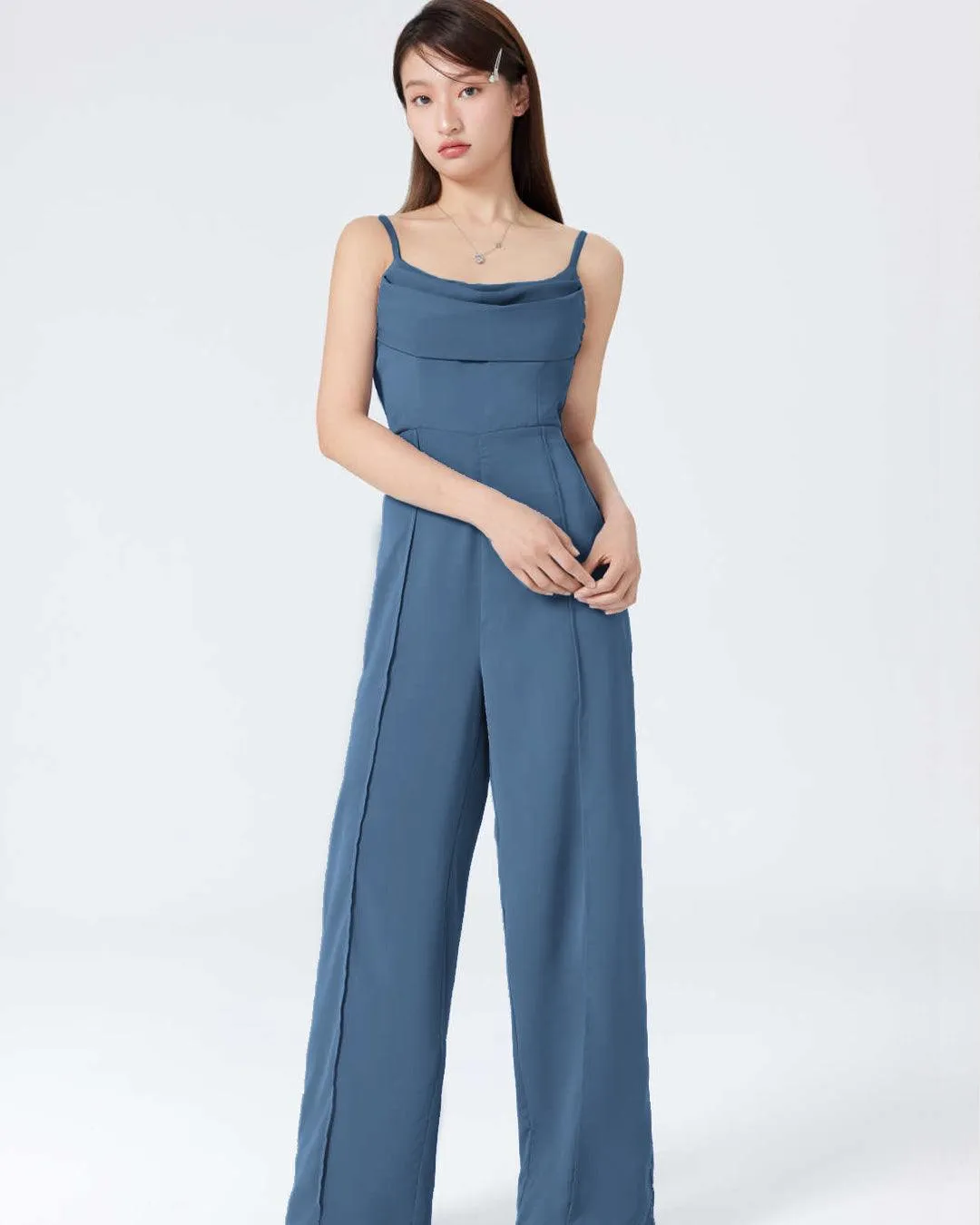 Solid Ruched Strappy-Sleeves Blue Jumpsuit