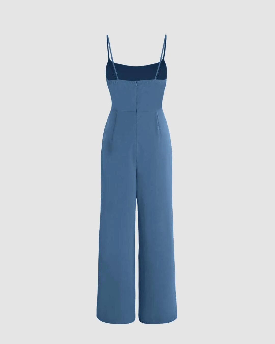 Solid Ruched Strappy-Sleeves Blue Jumpsuit